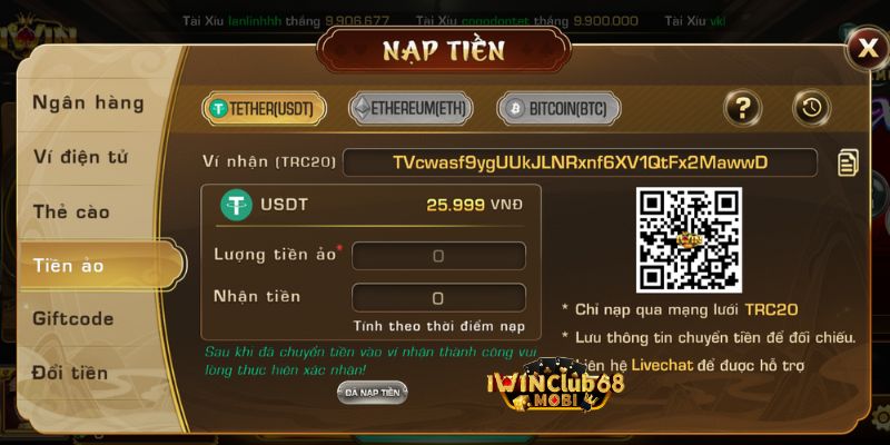 Nạp tiền iwin bằng tiền ảo