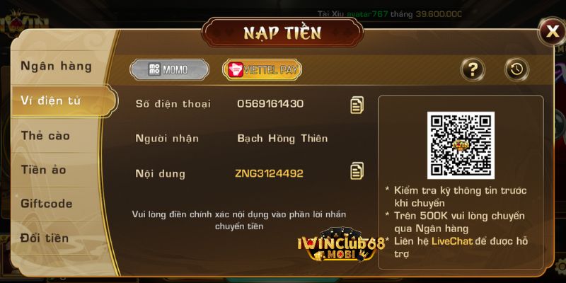 Nạp tiền iwin bằng ví điện tử 